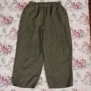 100% Linen Olive Green Pants, Flax brand Med